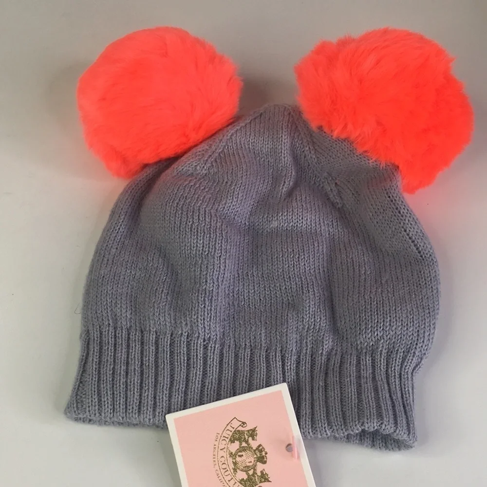 New Juicy Couture Girls Pom Pom Beanie Gray Orange $48